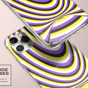 May include: A clear phone case with a swirling pattern of yellow, purple and black stripes. The case is designed to fit a phone with a triple lens camera.