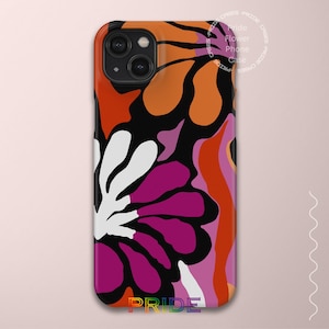 May include: A phone case with a vibrant floral design. The case features a bold color palette of orange, black, white, and magenta. The text "Pride Flower Phone Case" is printed on the case.