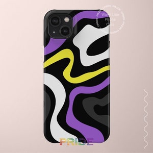May include: A black phone case with a wavy line pattern in purple, yellow, and white. The case has a raised camera bump and the word "PRIDE" printed on the bottom.