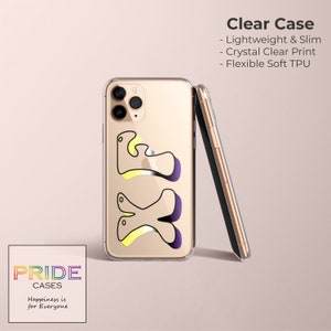 May include: Clear phone case with a non-binary pride flag design. The case is transparent with a yellow, purple, and black abstract design. The case is lightweight and slim, with a crystal clear print and flexible soft TPU.