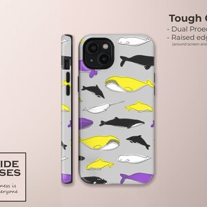 Könnte beinhalten: Eine Handyhülle mit grauem Hintergrund und einem Muster aus gelben, weißen und schwarzen Walen. Die Hülle hat einen lila, gelben und weißen Streifen an der Seite. Der Text "Tough Case" ist auf der Hülle aufgedruckt, sowie der Text "Dual Protection" und "Raised edges (around screen and camera)".