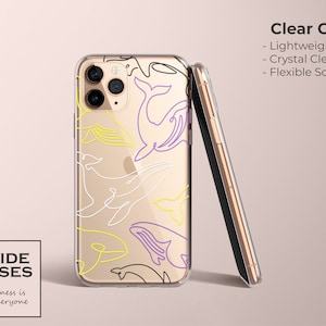 May include: A clear phone case with a design of whales and dolphins in yellow, purple, and white lines. The case is made of flexible TPU and has a crystal clear print. The text "PRIDE CASES" and "Happiness is for Everyone" is printed on a white square in the lower left corner of the image.