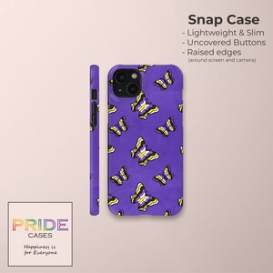 May include: A purple phone case with a pattern of yellow and black butterflies. The case is designed to fit a phone with a camera bump. The text "Snap Case" is written in white on a black background. The text "Lightweight & Slim", "Uncovered Buttons", and "Raised edges (around screen and camera)" is written in white on a black background. The text "PRIDE CASES" is written in white on a black background. The text "Happiness is for Everyone" is written in white on a black background.