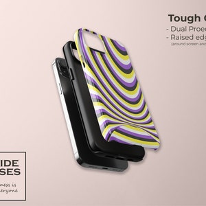 Op de afbeelding: Een telefoonhoes met een gestreept ontwerp in paars, geel en zwart. De hoes is gemaakt van een stevig materiaal en heeft verhoogde randen om het scherm en de camera van de telefoon te beschermen. De hoes is gelabeld met "Tough Case" en "Dual Protection".