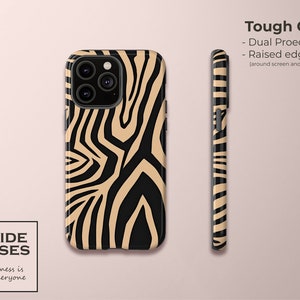 May include: A black and beige phone case with a zebra print design. The case is made of a tough material and has raised edges to protect the phone's screen and camera.