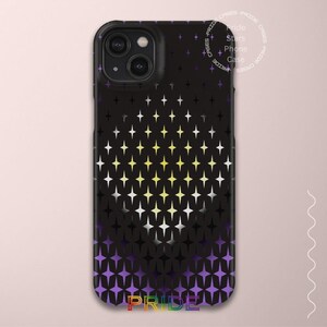 May include: A black phone case with a pattern of white and yellow stars. The case has a purple and white gradient at the bottom and the word "PRIDE" in rainbow colors at the bottom.