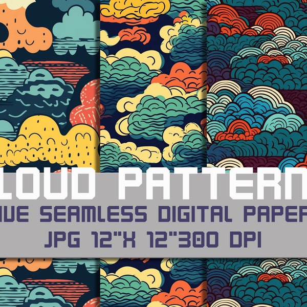 Cloud patterns, digital papers, colorful cloud pattern, colorful cloud digital papers, seamless, background, linocut style, graphic