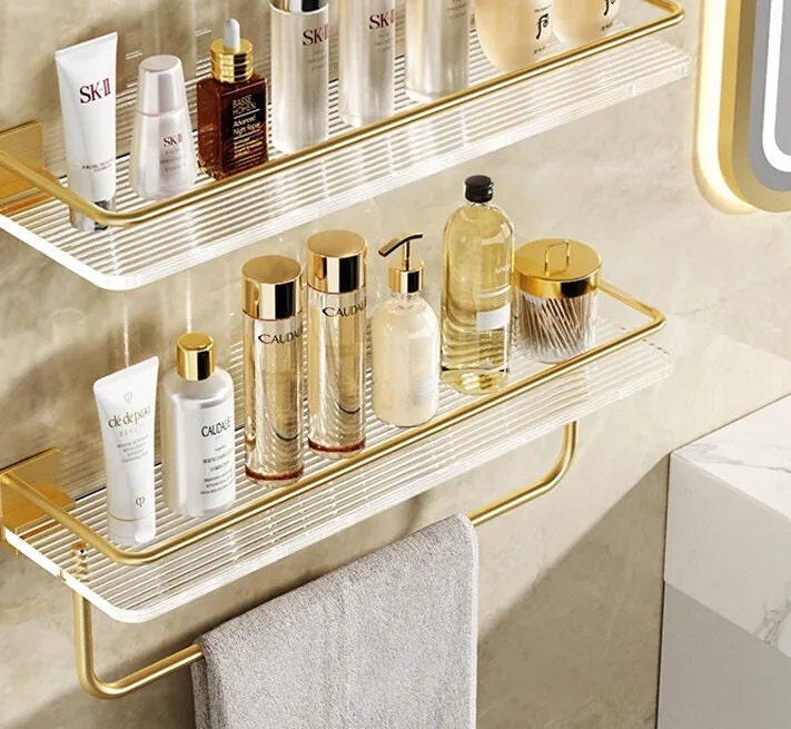 Luxury Carved Wall Mounted Gold Brass Double Glass Bathroom Shelves