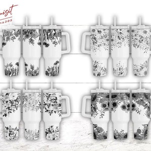 Black and White Boho Floral 40oz Quencher Wrap, Botanical Floral 40oz tumbler Wrap png, Sunflowers Tumbler Wrap, Wild Flowers PNG Tumbler