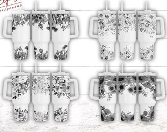 Black and White Boho Floral 40oz Quencher Wrap, Botanical Floral 40oz tumbler Wrap png, Sunflowers Tumbler Wrap, Wild Flowers PNG Tumbler