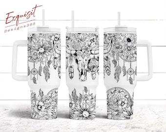 Floral Highland Cow Skull Seamless 40oz Tumbler Wrap , Boho sublimation stanley quencher handle cup, 40 oz floral celestial dreamcatcher