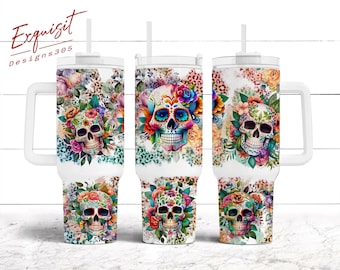 Sugar Skull 40oz Tumbler Wrap, Sugar Skulls and flowers Tumbler, Day of the Dead Gift