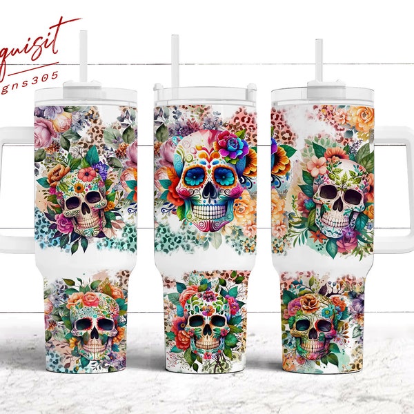 Sugar Skull 40oz Tumbler Wrap, Sugar Skulls and flowers Tumbler, Day of the Dead Gift