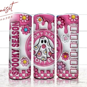 3D Spooky Season Inflated Tumbler Wrap PNG, 3D Puff Floral 20oz Tumbler Sublimation, Puffy Pink Halloween, 3D Ghost Tumbler,Digital Download