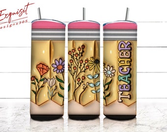 3D Teacher Floral Tumbler Wrap: Puffy Smiley Face Design (PNG Digital Download)