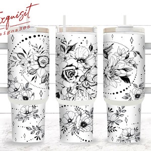 Boho Flowers Black and White 40 oz 2 piece Tumbler Wrap, 40oz Sublimation Design, Seamless 40oz Tumbler Wrap, Sublimation Downloads PNG