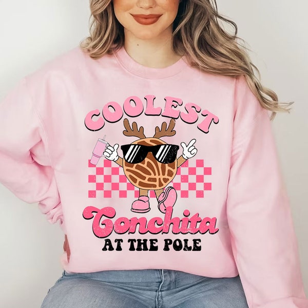 Coolest Conchita At The Pole SVG, Mexican Christmas Svg, Retro Concha Christmas Png, Pink Christmas Png, Svg Files for Cricut