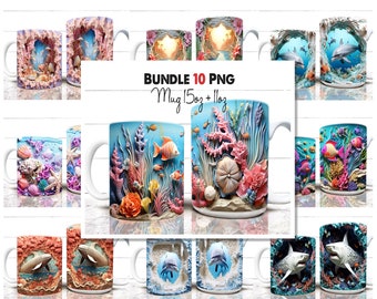 Puede incluir: Paquete de 10 imágenes PNG para sublimación en tazas de 15 oz y 11 oz. Las imágenes presentan escenas submarinas coloridas con arrecifes de coral, peces y delfines.