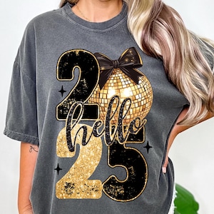 Happy New Year 2025 Png, Trendy New Years Eve Png, Black And Gold Sequins Glitter Faux Sparkly New Year Shirt Design Png, Hello 2025 Png