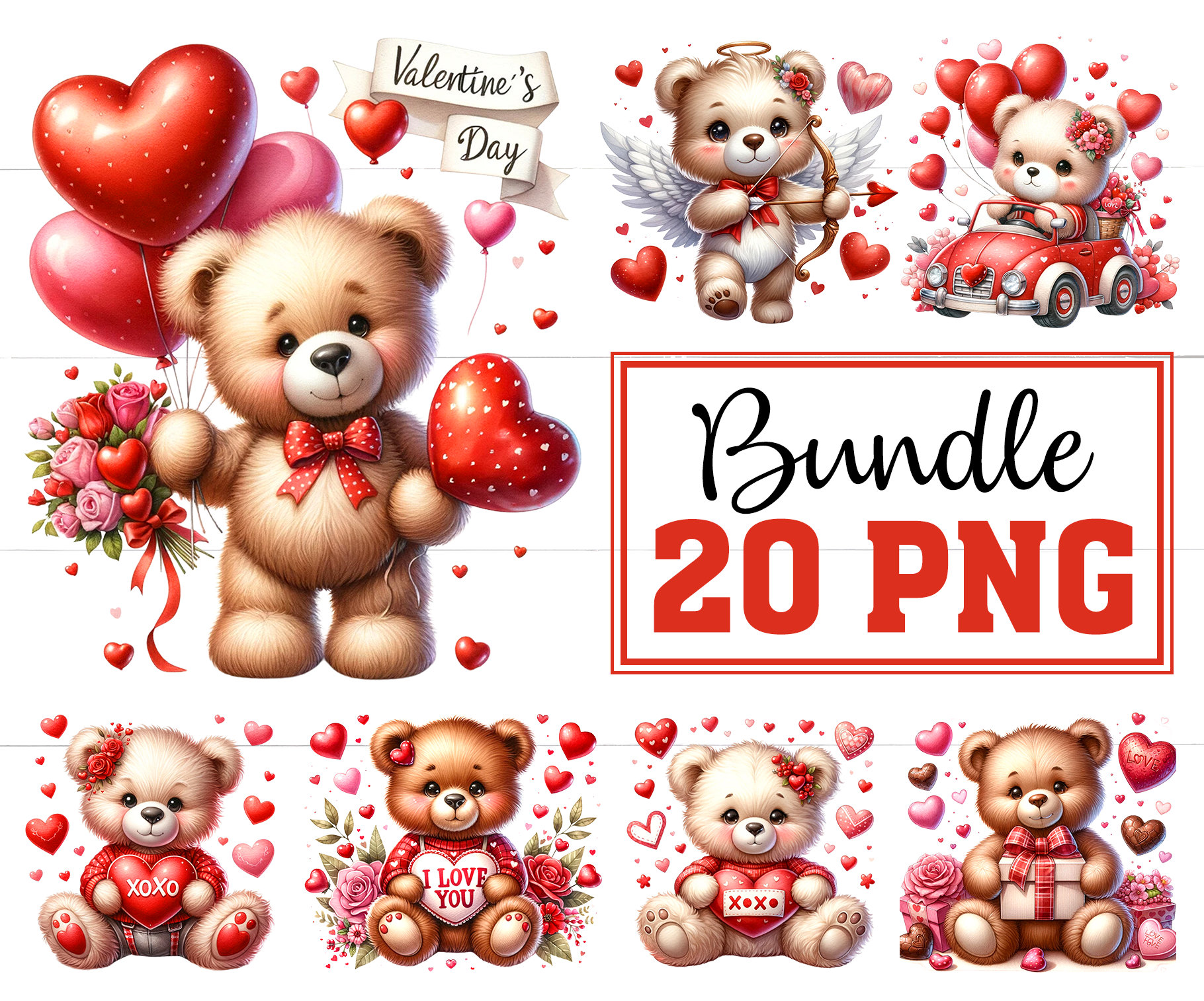 Watercolor Valentines Teddy Bear Clipart Bundle (20 PNG) - Instant ...