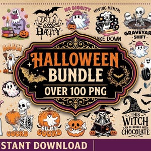 May include: A digital Halloween bundle featuring over 100 PNG graphics including ghosts, skeletons, pumpkins, and bats. The central text reads HALLOWEEN BUNDLE OVER 100 PNG, surrounded by various spooky illustrations with phrases like DANCE OR TREAT, GRAVEYARD SHIFT, and OH MY GOURD.