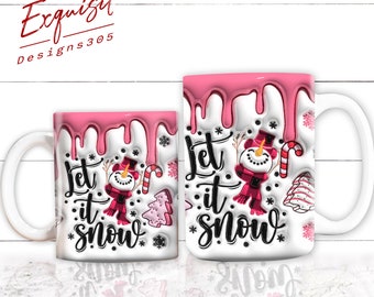 Inflated Melting Pink Snowman Mug Wrap, 3D Pink Christmas Mug, Let It Snow Mug Design, Mug PNG, 11oz & 15oz Mug Sublimation Wrap, Png