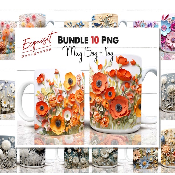 3D Mug Wrap Bundle, 3D Flowers Mug Wrap, 3D Beach Mug Wrap, 3D Cat Mug Wrap, 11oz 15oz Mug PNG Mug Bundle, 3D Floral Mug Sublimation