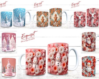 Lot de 9 designs de mugs de Noël, emballage de tasse de père Noël, sublimation de motifs PNG, modèle de tasse 11 oz et 15 oz, emballage de tasse de Noël 3D bonhomme de neige