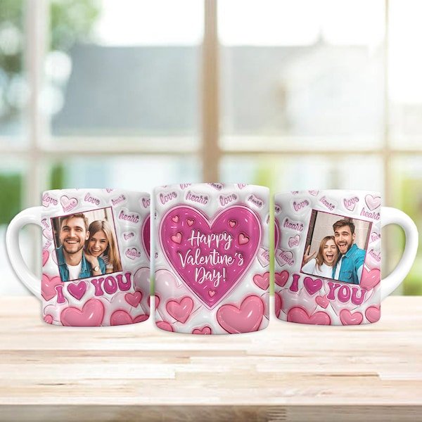 Kundenspezifisches Foto-Liebes-Herzen aufgeblasener Becher-Verpackungs-Design 11 Unze 15 Unze, geschwollener Valentinstag-Herzbecher PNG, Becher-Sublimations-Designs