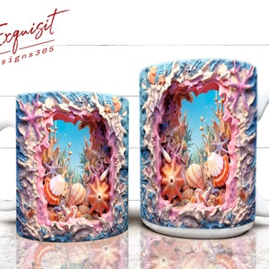 3D Hole In A Wall Beach Landscape Mug Wrap Design, 3D Beach Mug, 3D Beach Seashells In Mug Design, 3D Mug, 11oz,15oz Mug Sublimation Png
