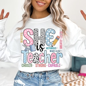 She is Teacher Png, Teach Love Inspire Png, Christian Teacher Png, Bible Verses Png, Teacher Floral Mothers Day Gift, Teacher Pencil Bow Png