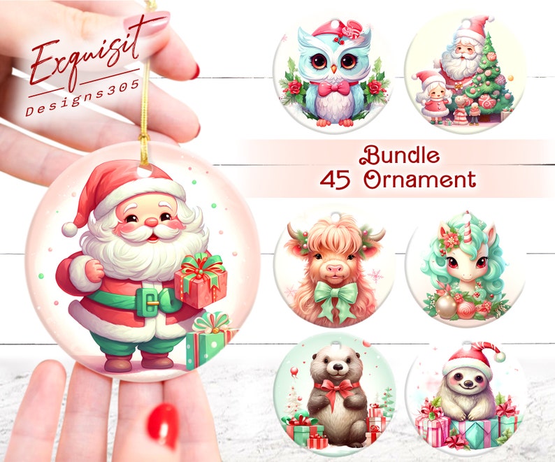 Christmas Animal Ornament PNG Bundle: Round Sublimation Design (digital ...