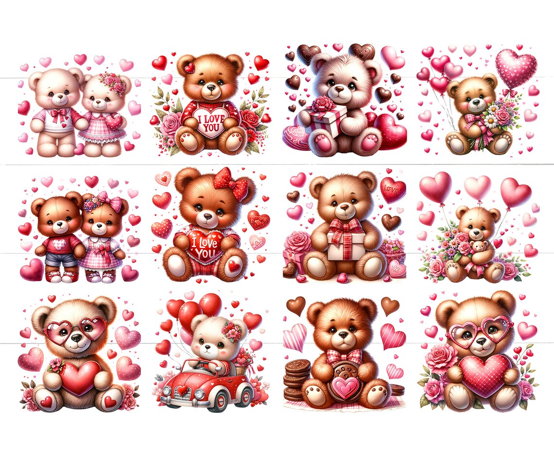 Watercolor Valentines Teddy Bear Clipart Bundle (20 PNG) - Instant ...