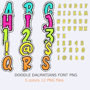 Paquete PNG de letras dálmatas coloridas, dibujado a mano brillante Doodle Alpha A-Z Set Clipart Dots Alphabet Sublimation Descarga digital