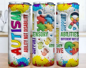 Puede incluir: Tres vasos de acero inoxidable con diseños coloridos y texto relacionado con la concienciación sobre el autismo. El texto en los vasos incluye "Autismo", "Capacidad, no discapacidad", "Apoyo", "Sensorial", "Habilidades", "Diferente, no menos", "Abogacía" y "Amo".