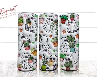 3D Inflated Cute Ghost Plant Lady Tumbler Wrap, Halloween Plants Png, Ghost Plant Tumbler Wrap, Plant Lover Gift, Gardening Png