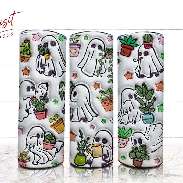 3D Inflated Cute Ghost Plant Lady Tumbler Wrap, Halloween Plants Png, Ghost Plant Tumbler Wrap, Plant Lover Gift, Gardening Png