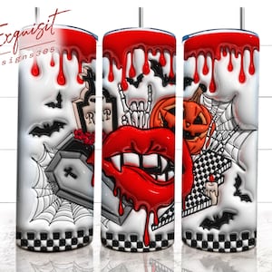 May include: Three white tumblers with a black and white chequered bottom. Each tumbler features a different Halloween-themed design with dripping red paint. The designs include a coffin, a spiderweb, a pumpkin, a skeleton hand, and a vampire's mouth with fangs.