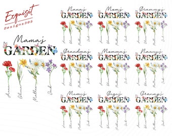 Bundel gepersonaliseerde oma's tuin png, oma vlinder, Moederdag geboorte maand bloem png, aquarel bloemen png, cadeau voor moeder