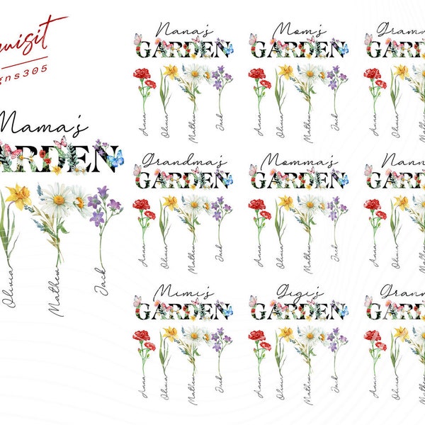 Bundle Personalized Grandma's Garden Png, Grandma Butterfly, Mother's Day Birth Month Flower Png, Watercolor Floral Png, Gift For Mom