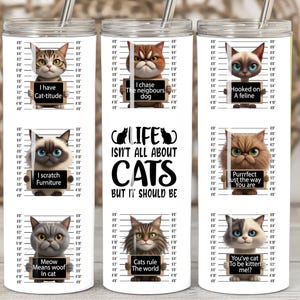 Funny Cat 20 oz Skinny Tumbler Wrap, Mugshot Cat Tumbler, Silly Cat-sublimatieontwerpen, kattenliefhebber, alles over katten, digitale download