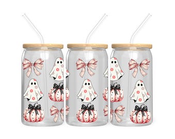 Halloween Tumbler Sublimation Design: Ghost, Pumpkin, Bow (Digital Download PNG)