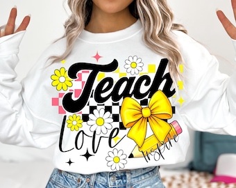 Retro Teacher Png: Teach Love Inspire, Checkered Bow (Digital Download)
