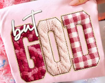 Maar God vergrendelingshaakgaren gehaakt png, christelijk png, retro geruit varsity, christelijk coquettestrikje png, gezellig seizoenssublimatie