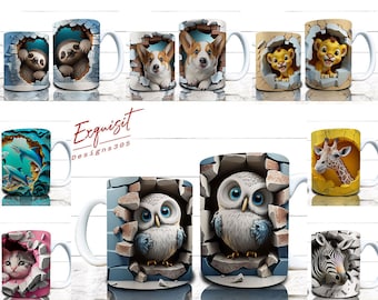 3D Mug Wrap Bundle, 3D Animal Crack Hole Mug Wrap, 3D Mug Wrap, 3D Cat Mug Wrap, 11oz 15oz Mug PNG Mug Bundle, 3D Dolphin Mug Sublimation