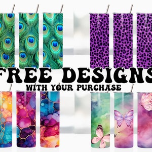 May include: Set of nine different designs for 20 ounce stainless steel tumblers. Designs include peacock feathers, leopard print, cheetah print, abstract watercolour, and butterflies.  Free designs with your purchase.
