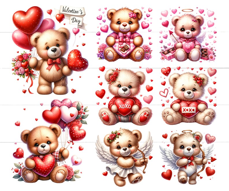 Watercolor Valentines Teddy Bear Clipart Bundle (20 PNG) - Instant ...