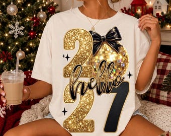 Buon anno 2027 PNG, Capodanno alla moda PNG, Maglietta di Capodanno con paillettes nere e oro, glitter e finto glitter PNG, Ciao 2027 PNG
