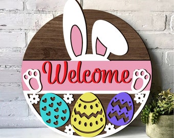 Bunny Ears Easter Sign SVG: Welcome Egg Door Hanger (Digital Download)