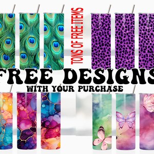 Puede incluir: Conjunto de seis vasos de acero inoxidable con varios dise&ntilde;os. Los dise&ntilde;os incluyen plumas de pavo real, estampado de leopardo, acuarela abstracta y mariposas. El texto "FREE DESIGNS WITH YOUR PURCHASE" se muestra en la imagen.
